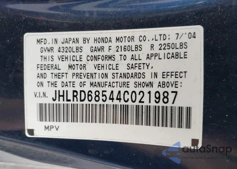 2004 Honda Cr-V Lx from USA, damaged, VIN JHLRD68544C021987